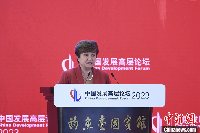 中国発展ハイレベルフォーラムの年次会議で発言するゲオルギエバ専務理事（撮影・田雨昊）