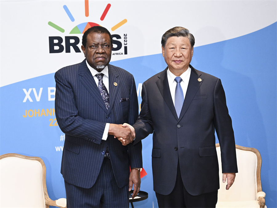 南アフリカ・ヨハネスブルグで現地時間8月24日午前、BRICS首脳会議出席に合わせ、ナミビアのガインコブ大統領と会談した習近平国家主席（撮影・謝環馳）。