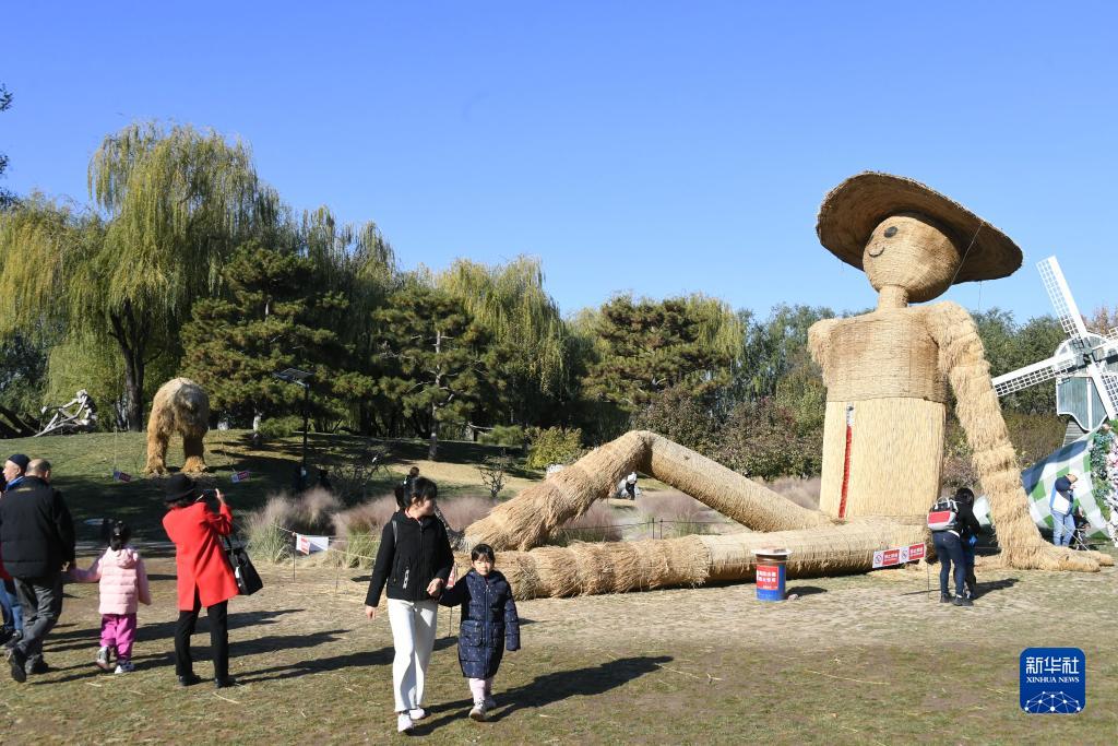 北京世界花卉大観園の「巨大かかしアート王国」を訪れた観光客（11月18日撮影・任超）。