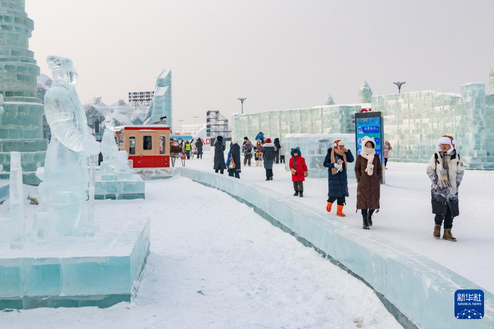哈爾浜氷雪大世界で展示されている「兵馬俑」の氷像（1月23日撮影・謝剣飛）。