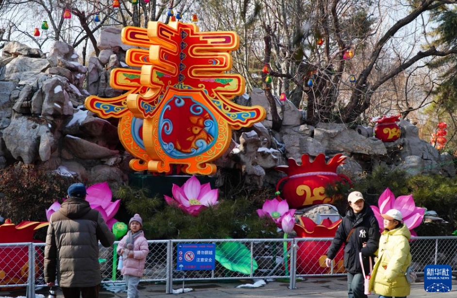 山東省済南市にある天下第一泉景勝地で、ランタンを鑑賞する観光客（2月5日撮影・徐速絵）。