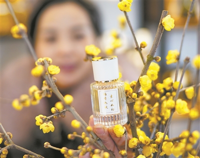 重慶市北碚区静観鎮の農業専業合作社で、合作社が生産したロウバイの香りの香水を見せる販売員。撮影・劉潺