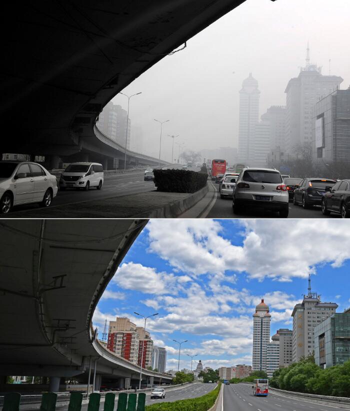 2013年1月11日に撮影された煙霧に包まれた北京のある立体交差橋の横の建物（写真上、撮影・何俊昌）と2022年6月6日に撮影された北京の環状道路「二環路」西部にある立体交差橋付近の景色（写真下、撮影・陳曄華）。
