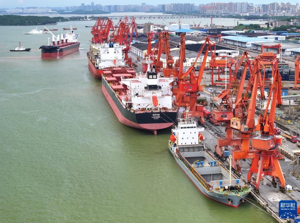 広西北部湾港防城港港区の埠頭で、貨物の積み下ろしを行う船舶（7月21日、ドローンによる撮影・周華）。