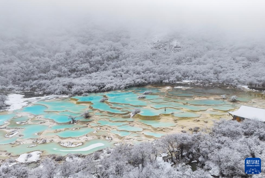 雪と霧に包まれ幻想的な景色広がる黄竜景勝地　四川省