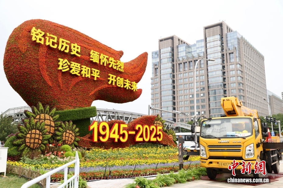 中国人民抗日戦争ならびに世界反ファシズム戦争勝利80周年記念のテーマ花壇設置進む北京市