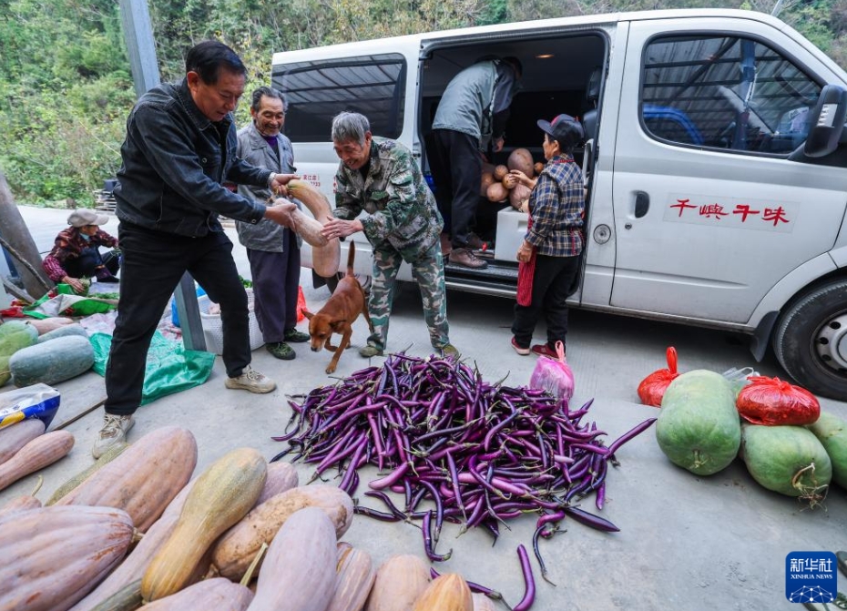 杭州に運ぶため、買い取った各種農産物をトラックに積み込む社員(10月27日撮影・徐昱)。