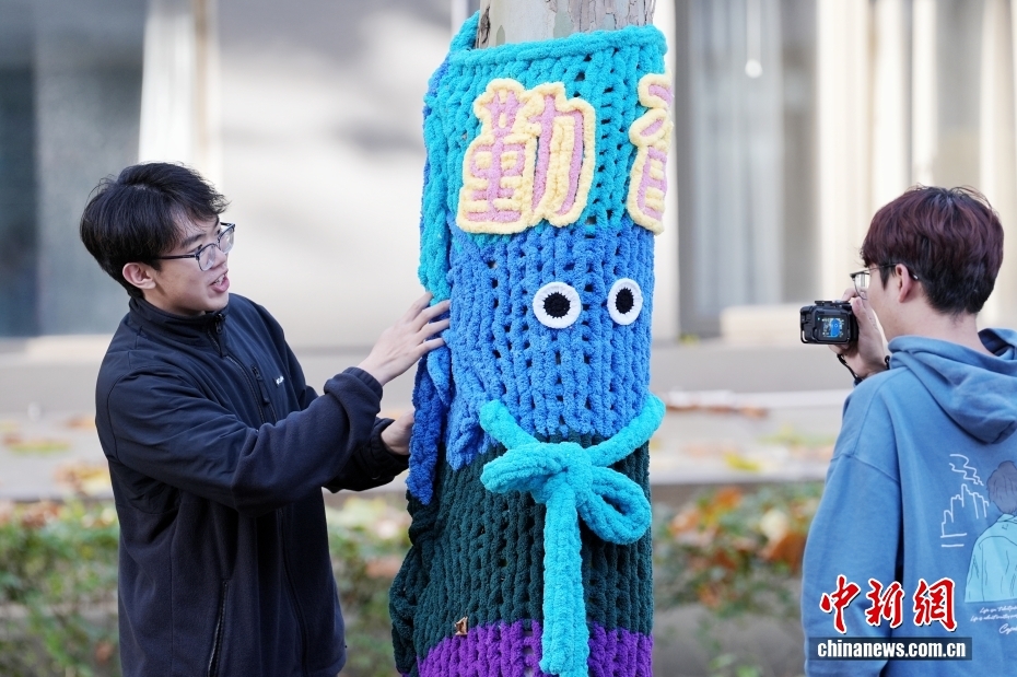 北京国際関係学院のキャンパス内にある「セーターを着た木」に触れる学生（11月12日撮影・張祥毅）。