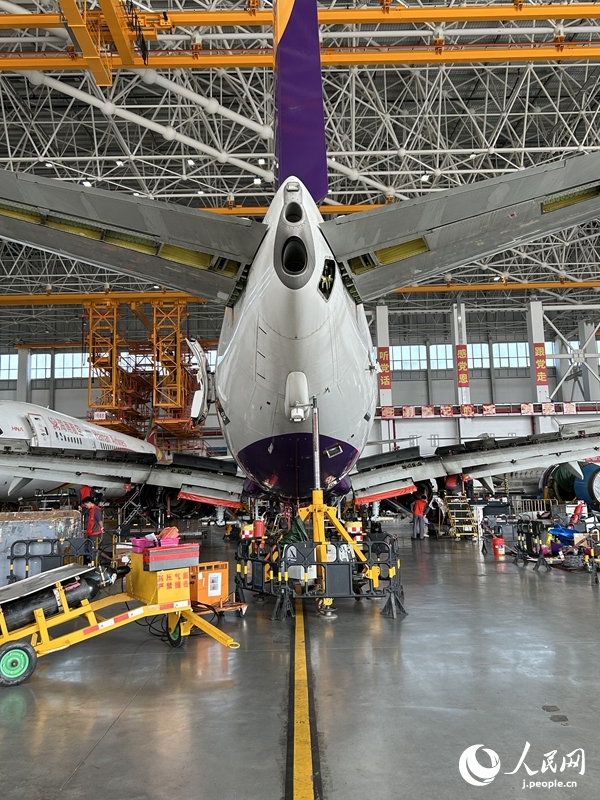 整備産業基地に駐機し、整備を待つ旅客機(撮影・玄番登史江)。