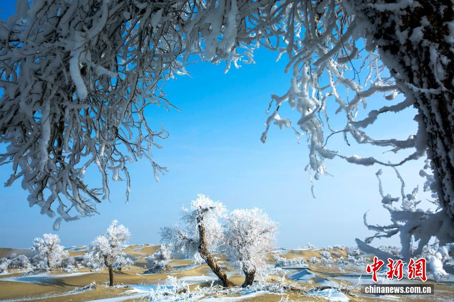 降雪後の雄大な絶景が広がる塔克拉瑪干沙漠　新疆
