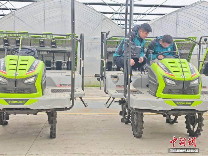 3月13日、湖南省大通湖区の再生イネ無人スマート農場で、無人農機のネットワーク接続状況を点検するスタッフ（撮影・徐鋼）。