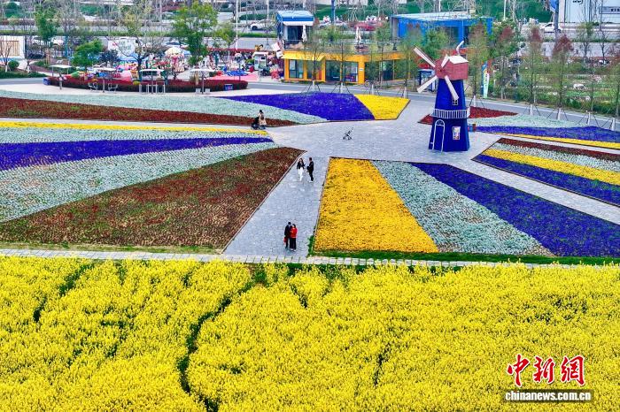 公園で花見を楽しむ人々（ドローンによる撮影・韓蘇原）。