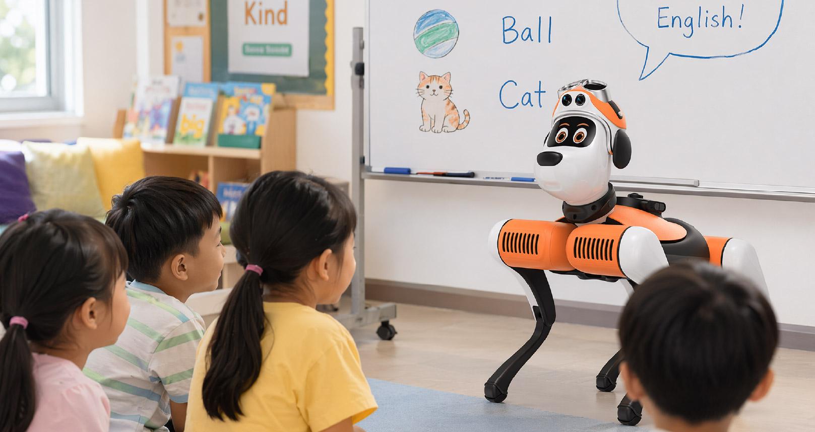 子どもに物語を読み聞かせるロボット犬。