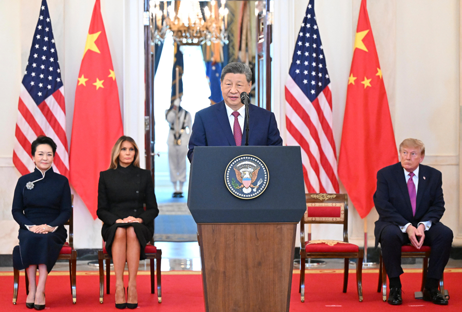 習近平国家主席、トランプ米大統領がホワイトハウスで開催した歓迎式典に出席