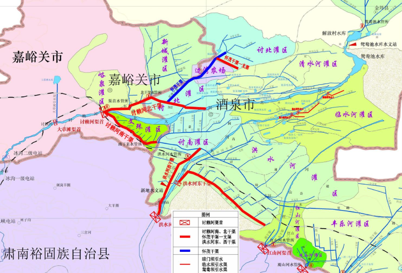 甘粛討賴河緑洲かんがいシステムの主な施設遺産の見取図。