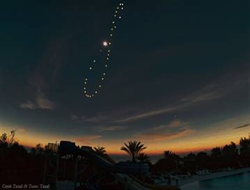 不思議な地球の「アナレンマ」。写真中の光る点でできた8の字型は「アナレンマ（Analemma）」と呼ばれる。この曲線は毎日同じ時間、同じ場所で1年間取り続けた太陽の軌跡だ。