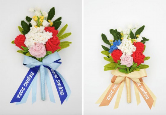 北京冬季五輪で贈呈されたビクトリーブーケ（写真左）と北京冬季パラリンピックで贈呈されているビクトリーブーケ（写真右）。