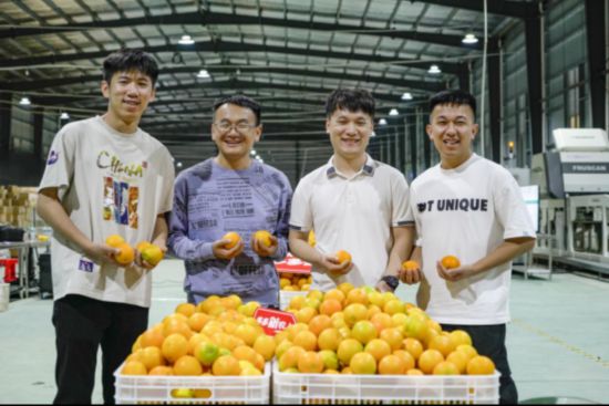 今年のダブル11（11月11日のネット通販イベント）に、江西省の若者の（左から右へ）凌雨南さん、藍寧さん、凌永春さん、呉海平さんたちが共同設立したEC企業が、新鮮なネーブルオレンジの注文を1日で1万件以上獲得した。