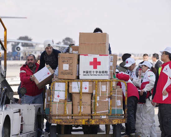 ダマスカス国際空港に到着した中国赤十字会が提供した支援物資（撮影・陶冉/中国赤十字会が提供）。