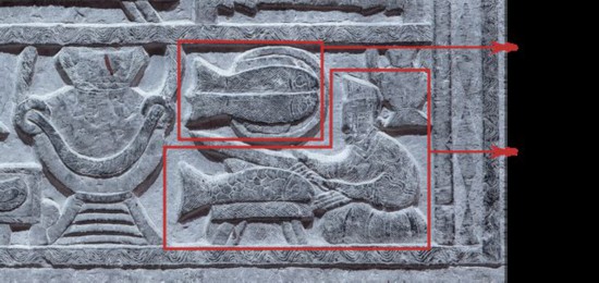 臨沂市の五里堡の漢代の画像石「庖厨図」に描かれた魚を調理する様子。
