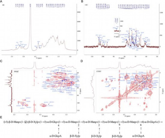 酸性多糖体「YL-D2N2」の核磁気共鳴分光法及び分子構造。（画像提供は取材先）