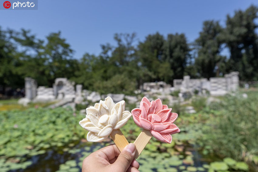 北京の円明園で販売が始まったハスの花型アイスクリーム（写真著作権は東方ICが所有のため転載禁止）。