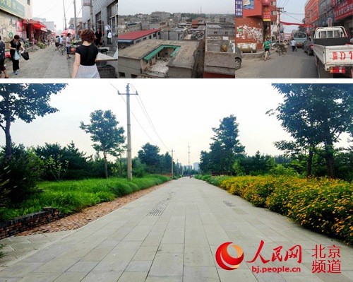北京市海淀区「唐家嶺中街」両側の「蟻族」（高学歴ワーキングプア）集中居住区（写真上）はもはや存在せず、見渡す限りの緑地に変わった（写真下）。（人民網・孟竹撮影）