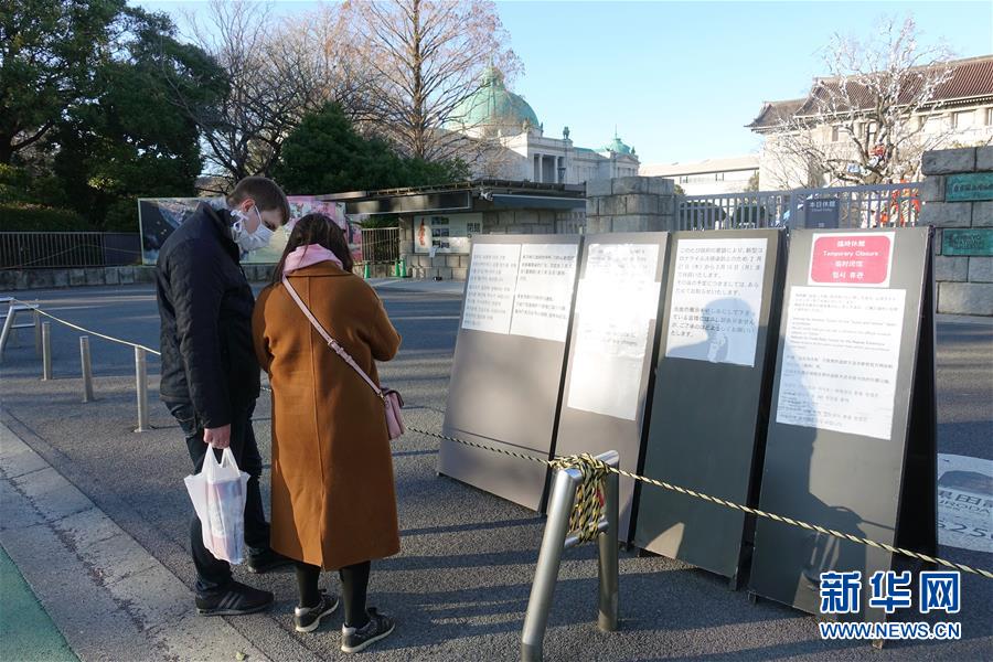 2月27日、東京国立博物館の前で、「臨時休館」の告知を見て、スマートフォンで詳細情報について調べる2人の観光客（撮影・杜瀟逸）。