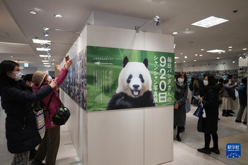 東京で開幕した「920日香香（シャンシャン）写真展」会場で、写真を撮影する来場者（2月17日撮影・張笑宇）。
