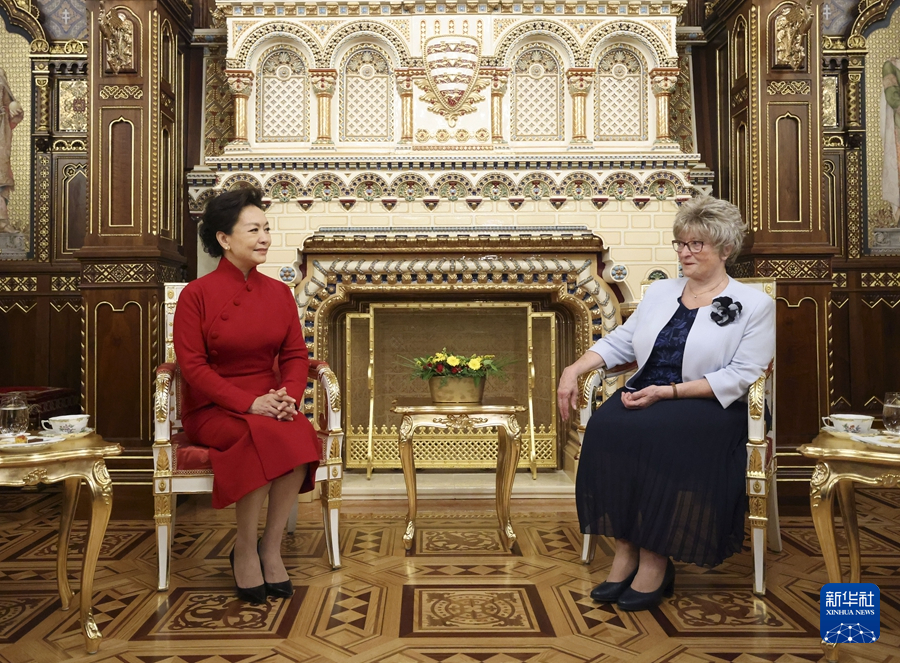 彭麗媛夫人がハンガリーのシュヨク大統領夫人とブダ王宮を見学
