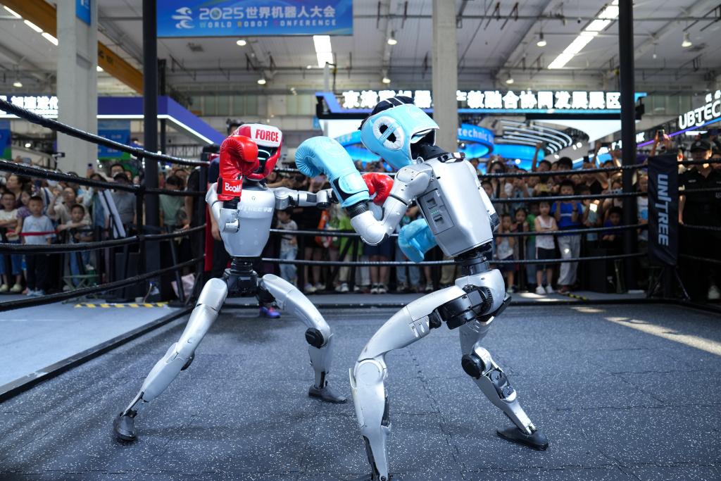 8月11日、世界ロボット大会の宇樹科技（Unitree Robotics）のブースで披露されたロボットボクシング（撮影：鞠煥宗）